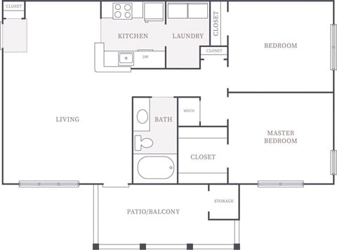 Floor plan for 2 beds, 1 bath, 1134 sqft